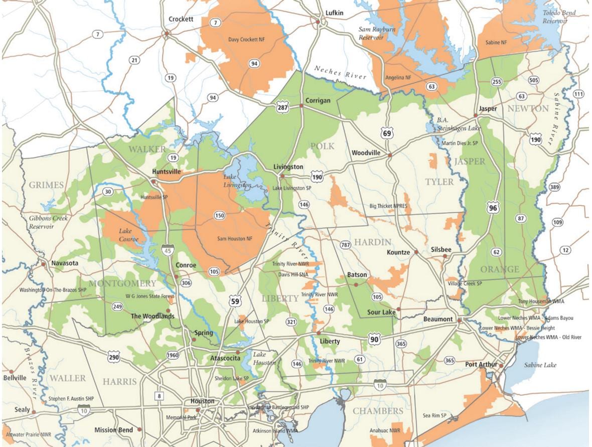 地图sam Houston国家森林